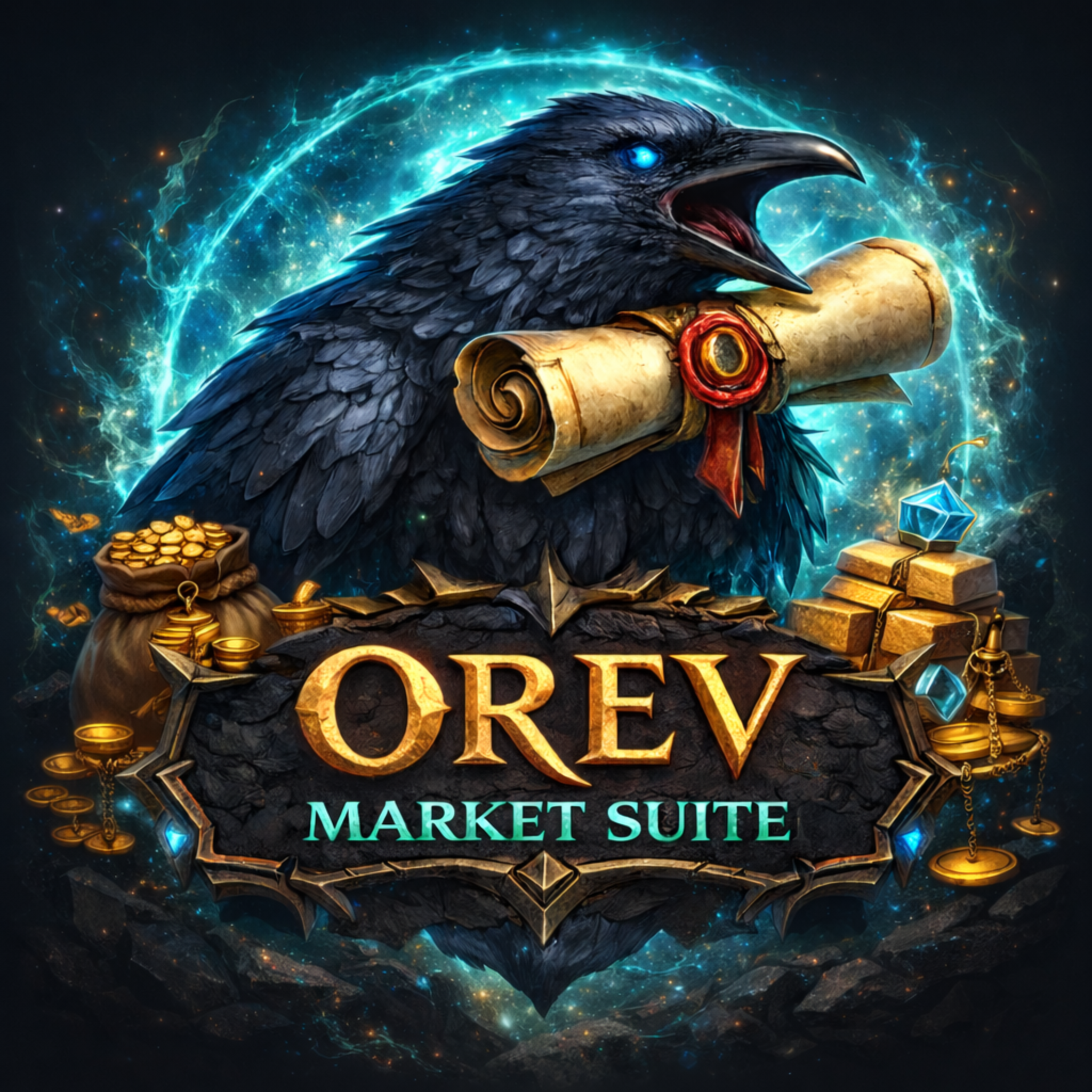 Orev Market Suite raven artwork with coins, gold bars, and market iconography